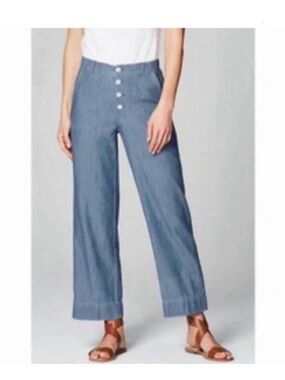 J. Jill Chambray Wide-Leg Button-Front Pants in Blue